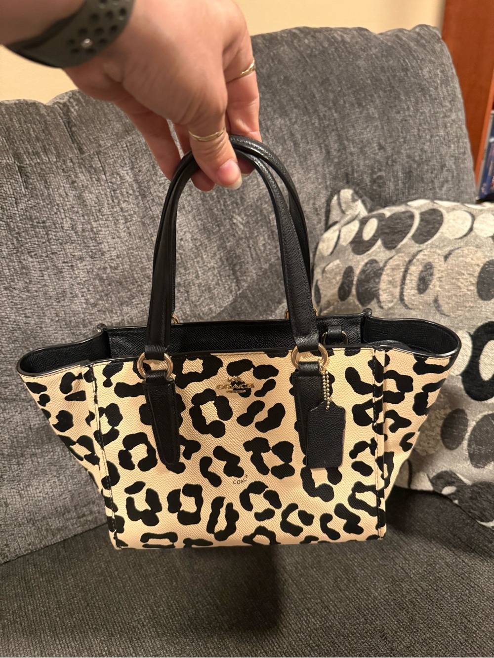 Coach Leopard-Print Mini Tote in Black and Cream